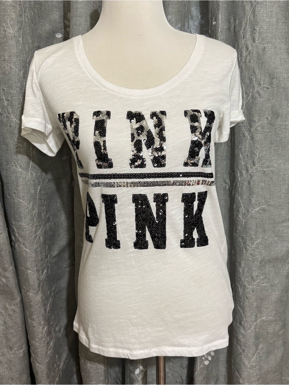 Victoria's Secret PINK White Tee with Black Sequin Logo
